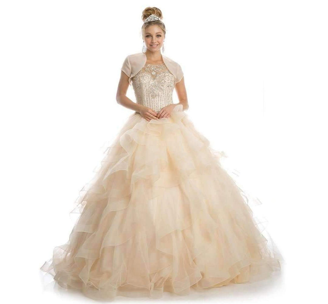 Juliet 1423 A-Line Princess Ball Gown Ruffled Tiered Tulle with Jacket