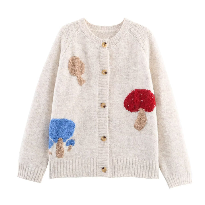 Mushroom Pattern Cute Button Cardigan Knitted Cardigan Loose Design Niche Sweater Outerwear