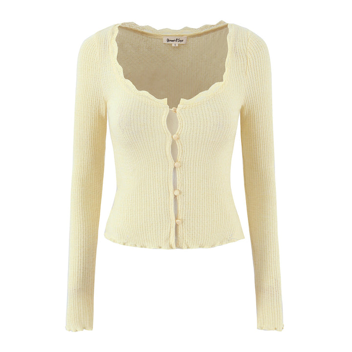 Women Clothing Spring Autumn Waist Light Yellow Lace Collar Knitted Cardigan