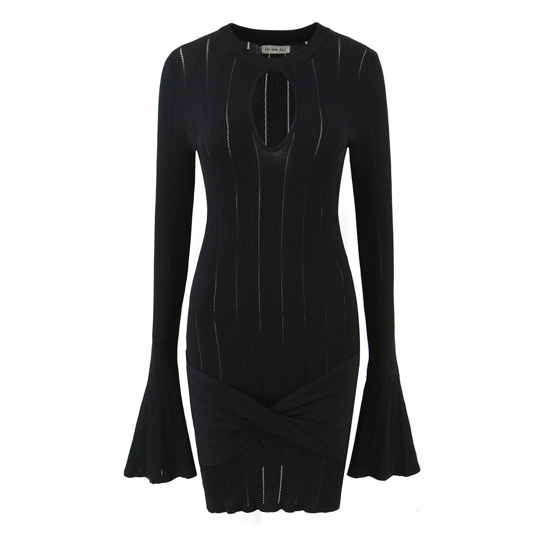 Women Clothing Summer Hollow Out Cutout Slim Sheath Flare Sleeve Knitted Long Sleeved Dress