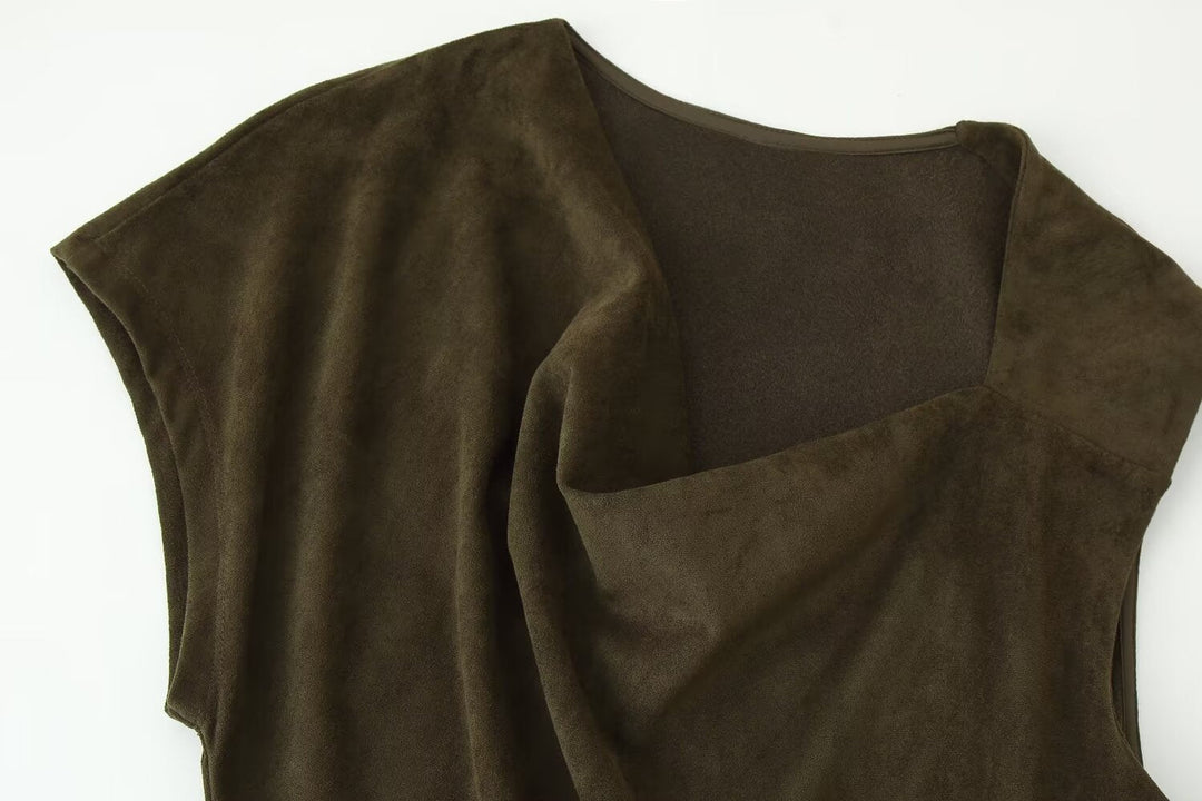 Early Autumn Women Clothing French Suede Leather Mid-Length Irregular Asymmetric Dress