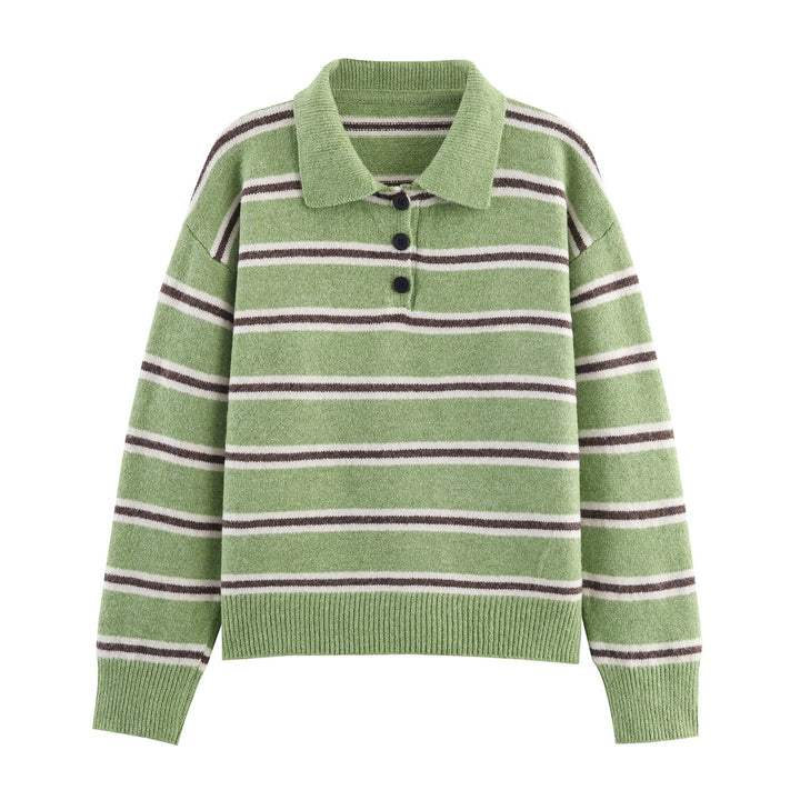 Fall Women Clothing Half Cardigan Button Pullover Polo Collar Stripes Knitted Sweater Top
