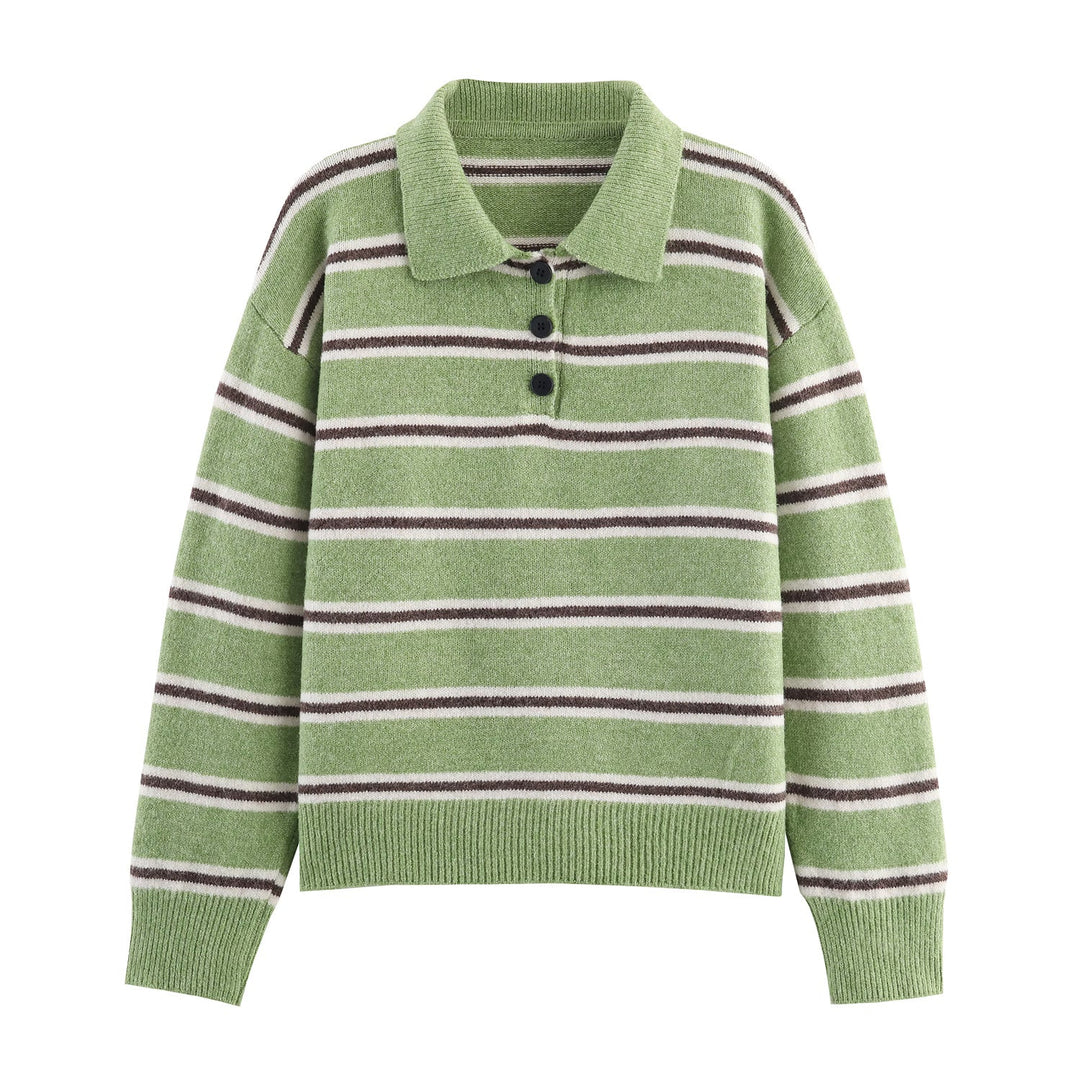 Fall Women Clothing Half Cardigan Button Pullover Polo Collar Stripes Knitted Sweater Top
