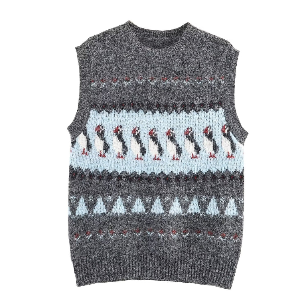 Women Clothing Autumn Korean Outerwear Bandage Floral Decorations round Neck Knitted Vest Top
