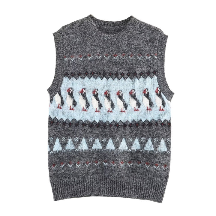 Women Clothing Autumn Korean Outerwear Bandage Floral Decorations round Neck Knitted Vest Top