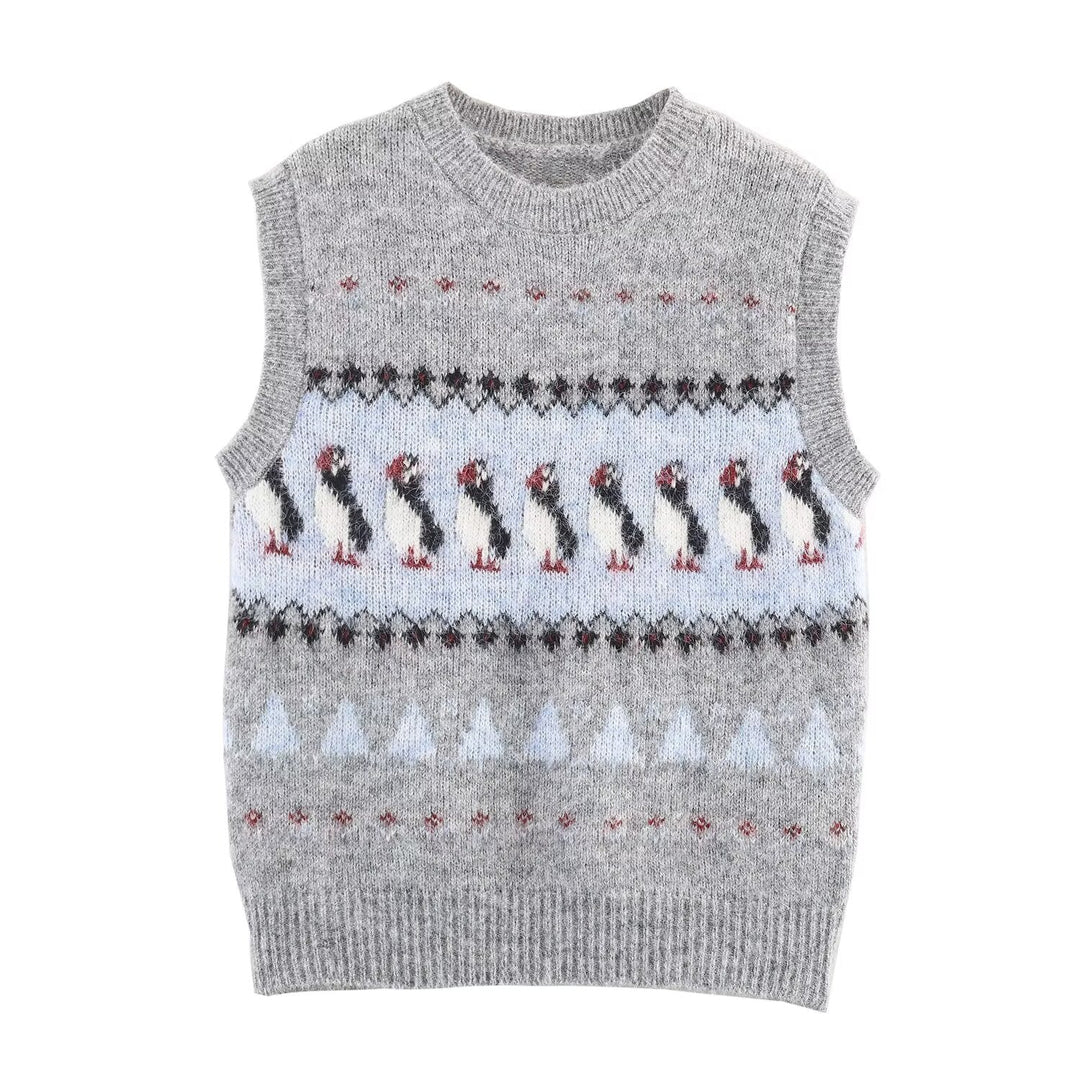 Women Clothing Autumn Korean Outerwear Bandage Floral Decorations round Neck Knitted Vest Top