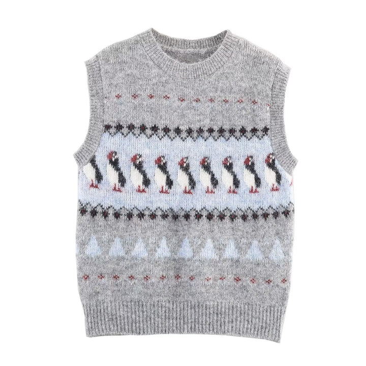 Women Clothing Autumn Korean Outerwear Bandage Floral Decorations round Neck Knitted Vest Top