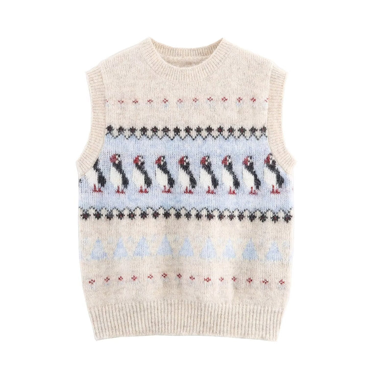 Women Clothing Autumn Korean Outerwear Bandage Floral Decorations round Neck Knitted Vest Top