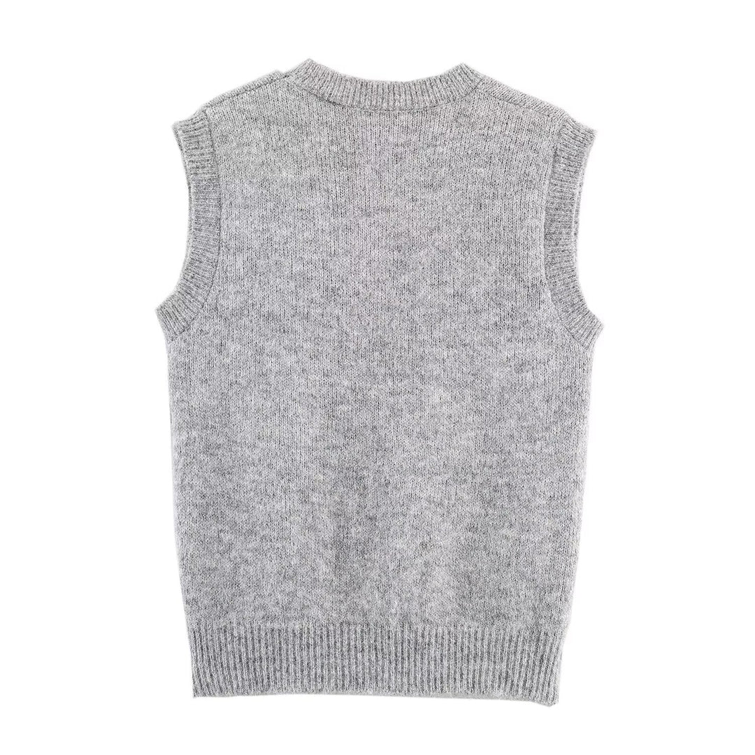 Women Clothing Autumn Korean Outerwear Bandage Floral Decorations round Neck Knitted Vest Top