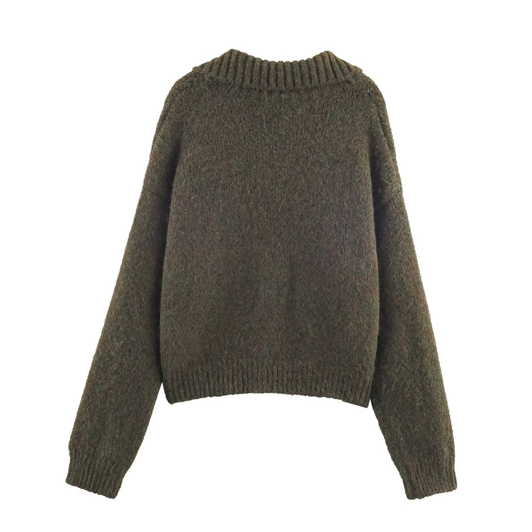 Idle Retro Lapels Jacquard Lace up Knitted Cardigan Autumn Loose Slimming Sweater Coat for Women