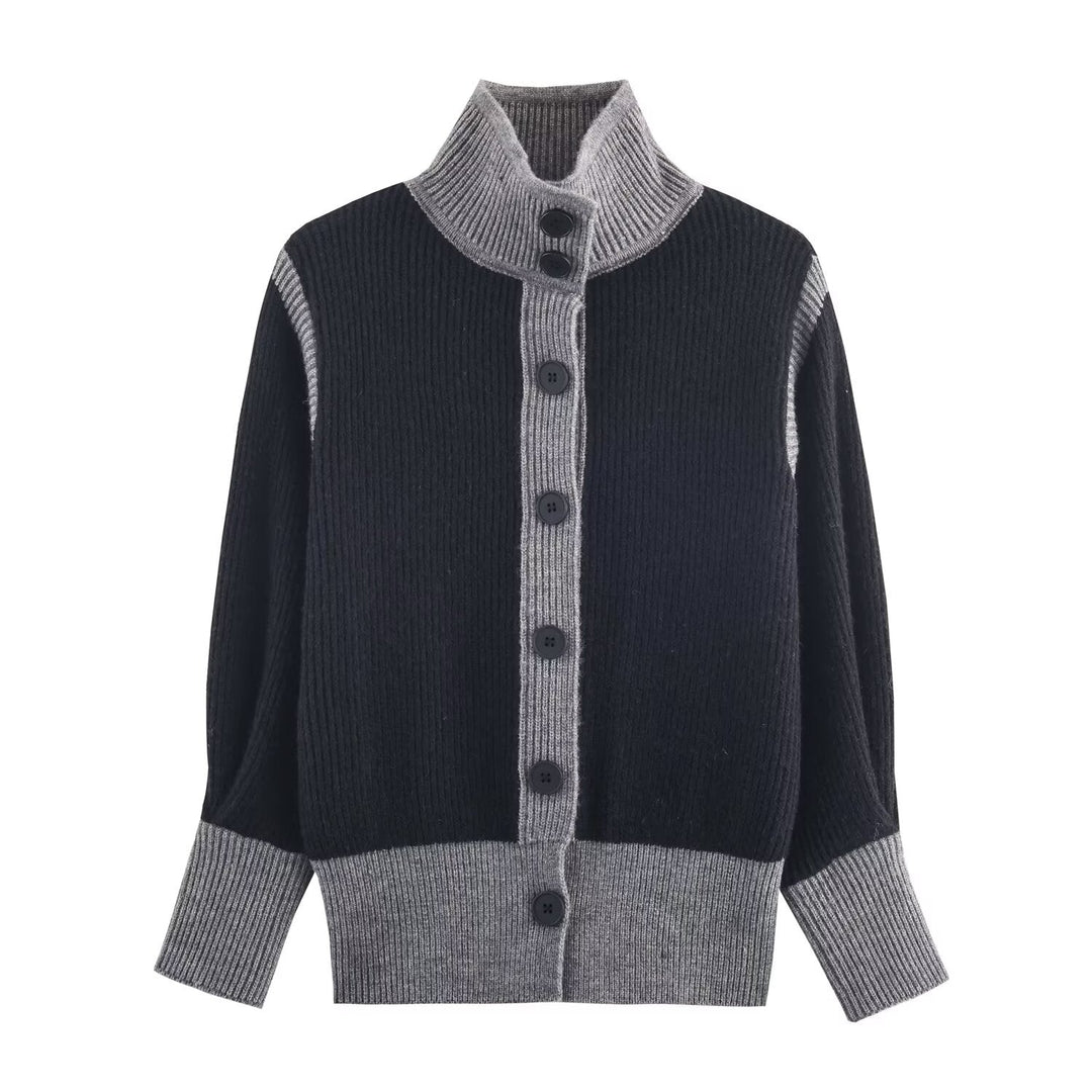 Autumn Women Casual Loose All Matching Color Stitching Knitted Cardigan