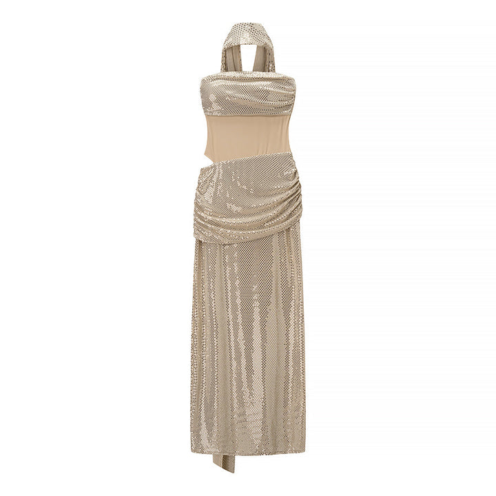 Autumn Entry Lux Sequined Ribbon Sleeveless Tube Top Cocktail Dress