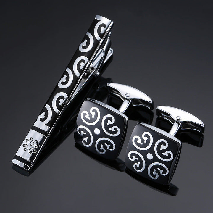 Gold And Silver Black Crystal Rose Enamel Pattern Batch Flower Tie Clip Cuff Buckle Set
