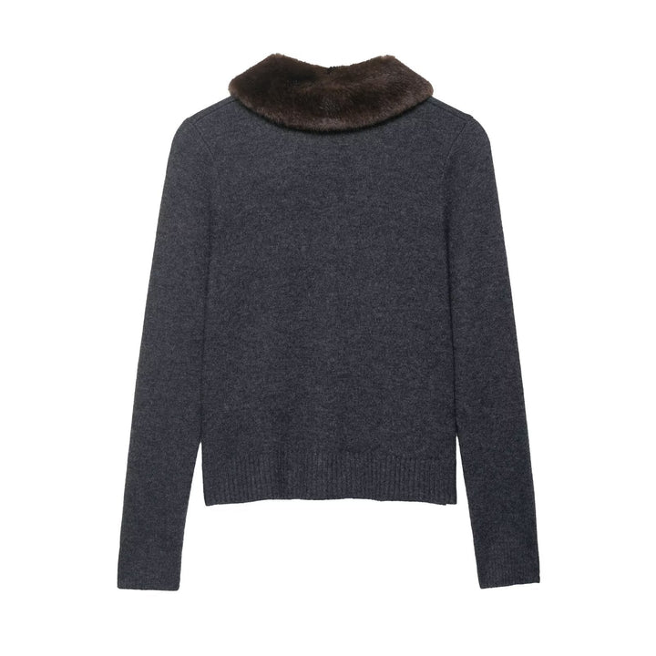 Fall Women Clothing Artificial Fur Effect Collared Knitted Coat