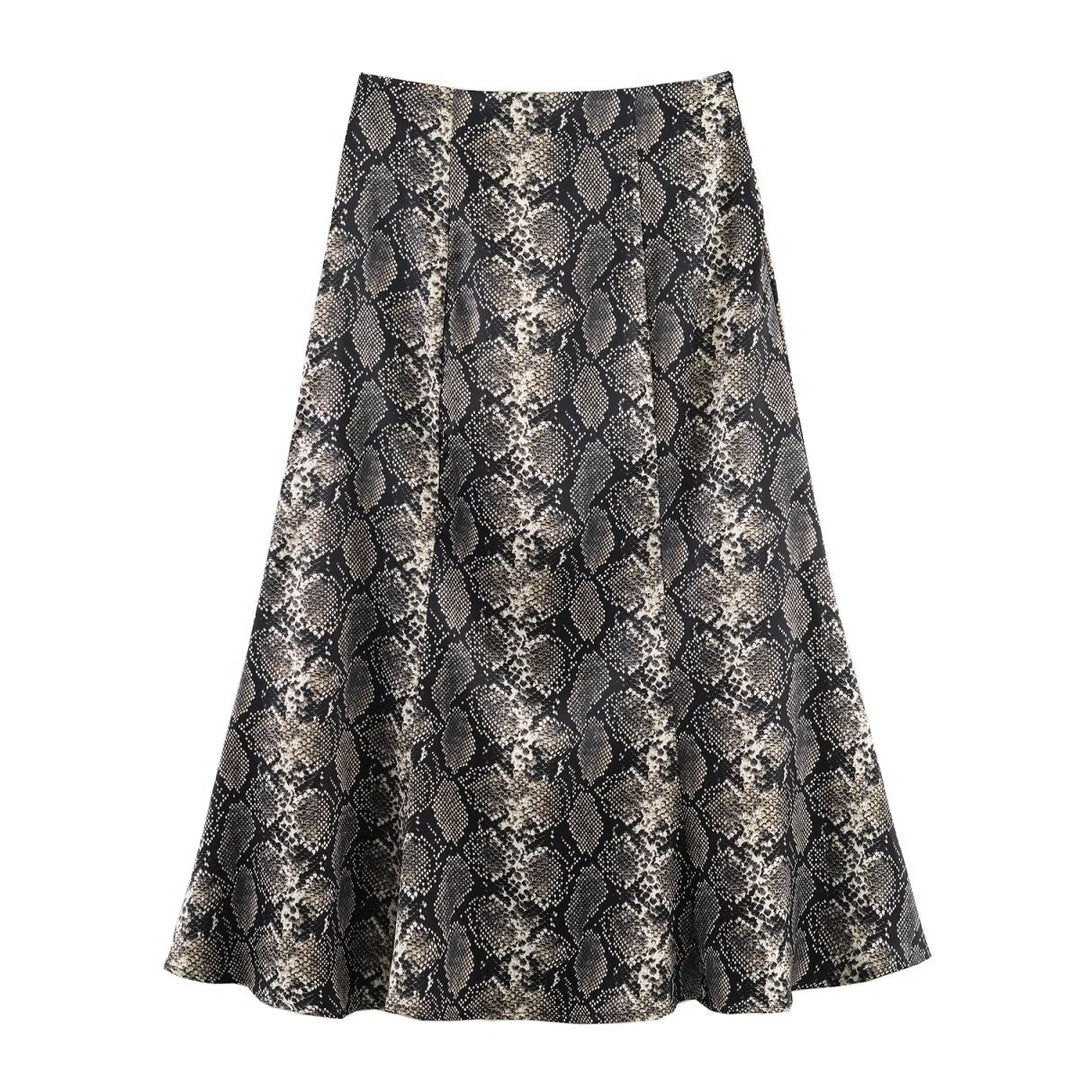 Women Clothing Autumn Holiday Printed Silk Satin Midi Skirt