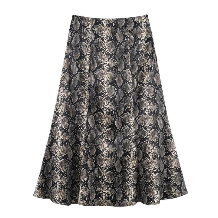 Women Clothing Autumn Holiday Printed Silk Satin Midi Skirt