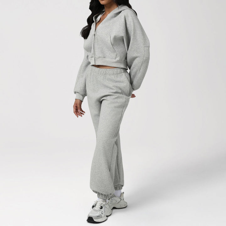 Autumn Winter Loose Slimming Track Sweatpants Women Thickened Hooded Zipper Sweatshirt Coat Casual Two Piece Set