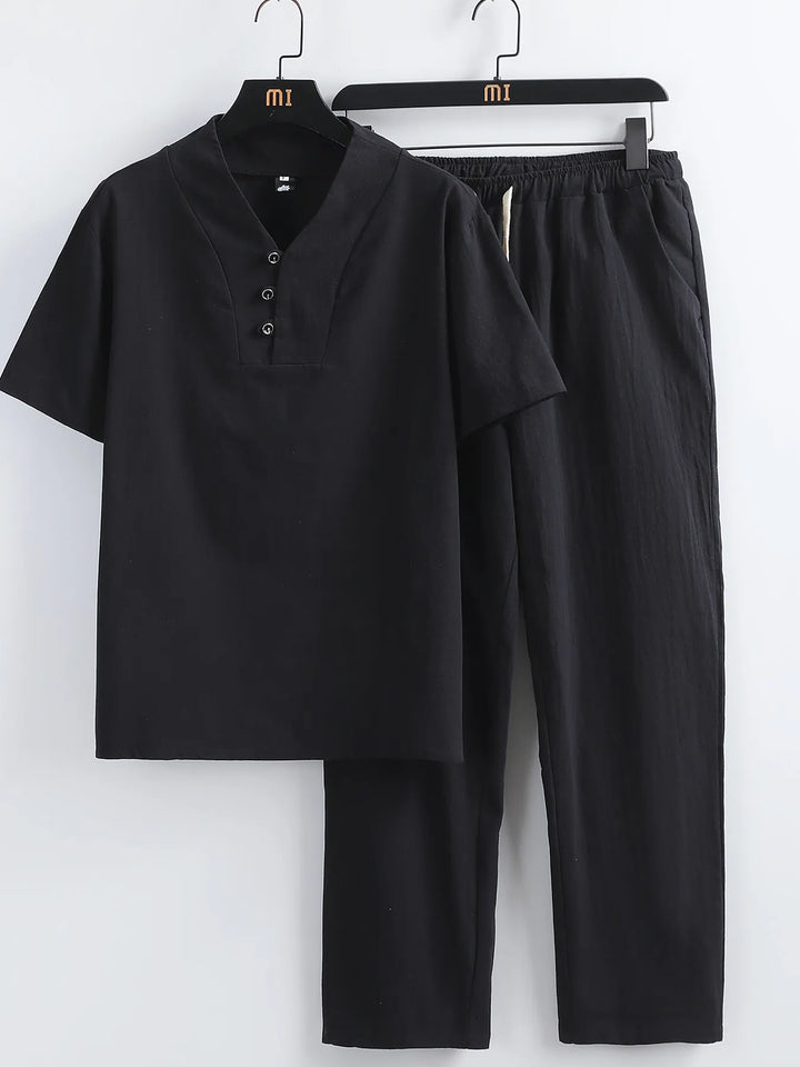 Men's Plus Size V-Neck Short Sleeve Top and Pants Set