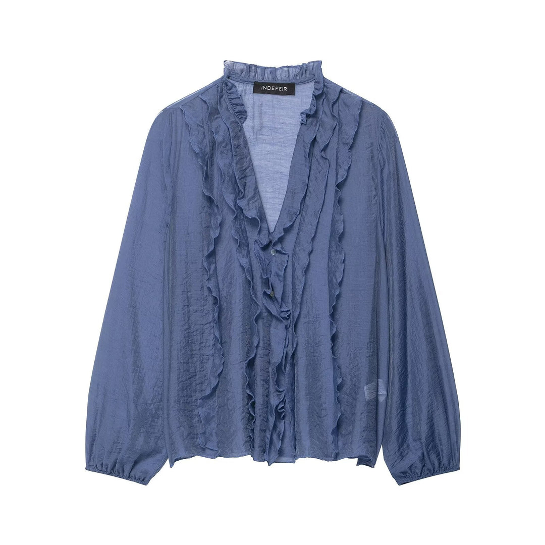 Women Clothing Autumn Laminated Decoration Long Sleeve Shirt