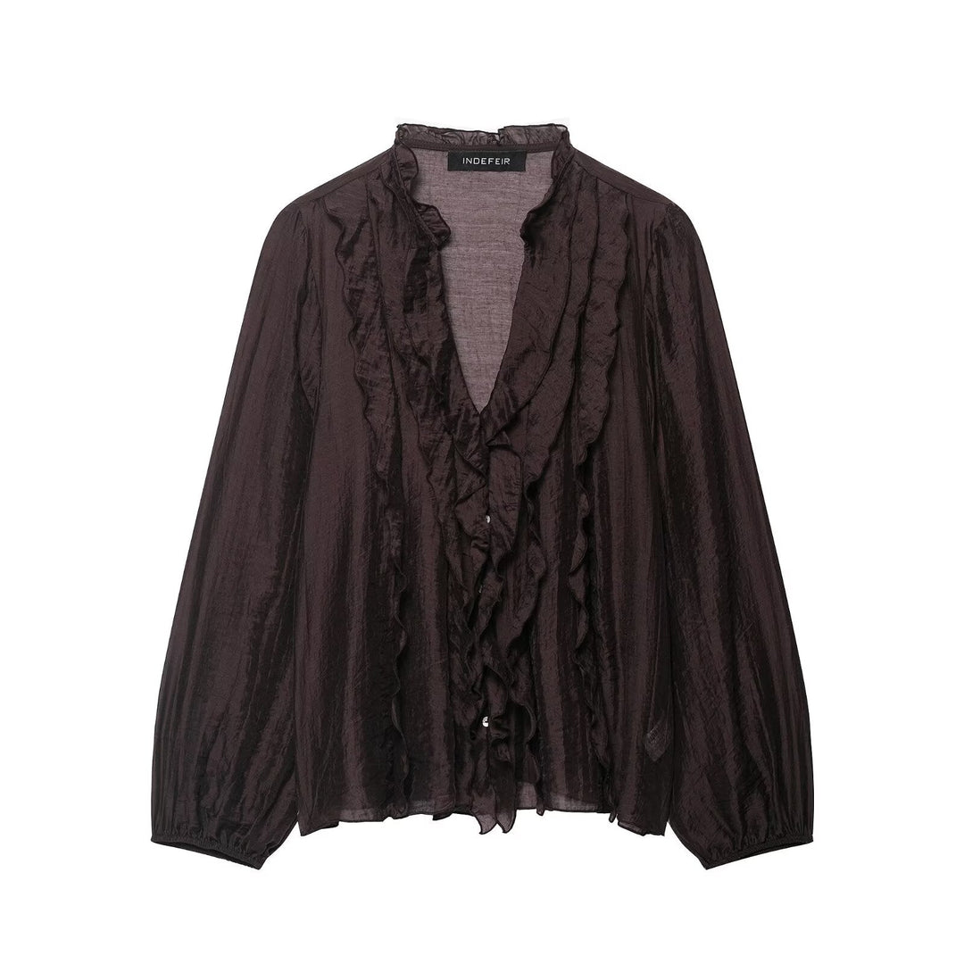 Women Clothing Autumn Laminated Decoration Long Sleeve Shirt