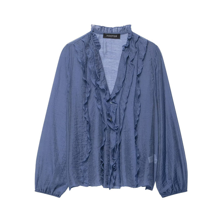 Women Clothing Autumn Laminated Decoration Long Sleeve Shirt