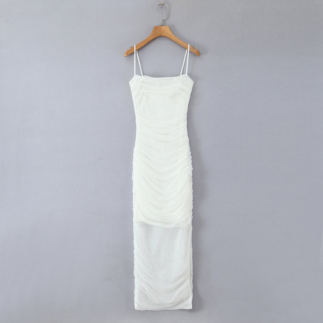 Sexy Stretch Mesh Ruched Maxi Dress Dress Tight Waist Slim Fit Sheath Cami Dress