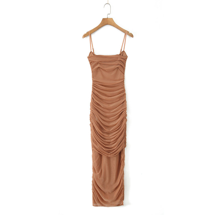 Sexy Stretch Mesh Ruched Maxi Dress Dress Tight Waist Slim Fit Sheath Cami Dress
