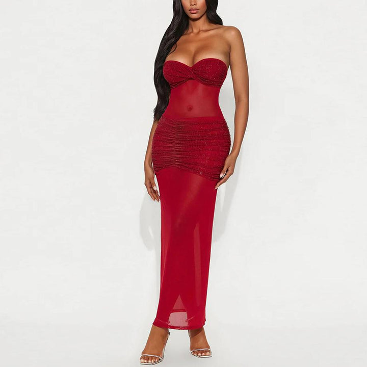 Tube Top Milk Silk Stitching Mesh Drilling Party Hip Wrapped Long Dress