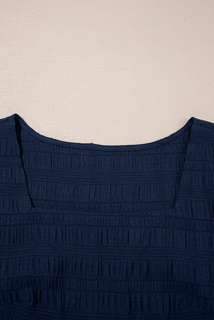 Dirty blue Textured Square Neck Top and Shirred High Waist Shorts Set