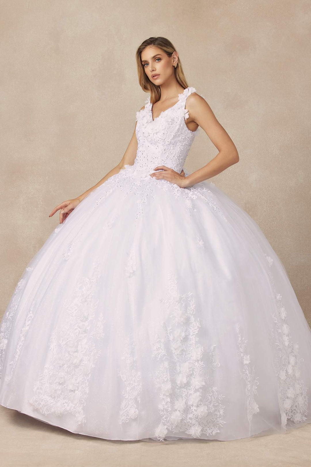 Juliet 1437 Floral Applique Quinceanera Ball Gown With 3D Flowers