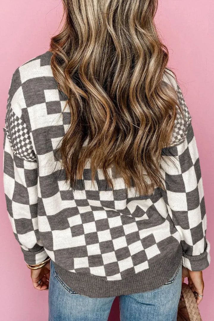 Checkered Round Neck Long Sleeve Sweater