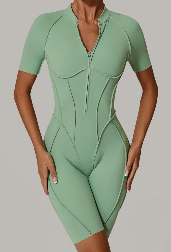 Summer Zipper Short Sleeve Outer Wear Fitness Yoga Jumpsuit Women Dance Tight Sports Jumpsuit