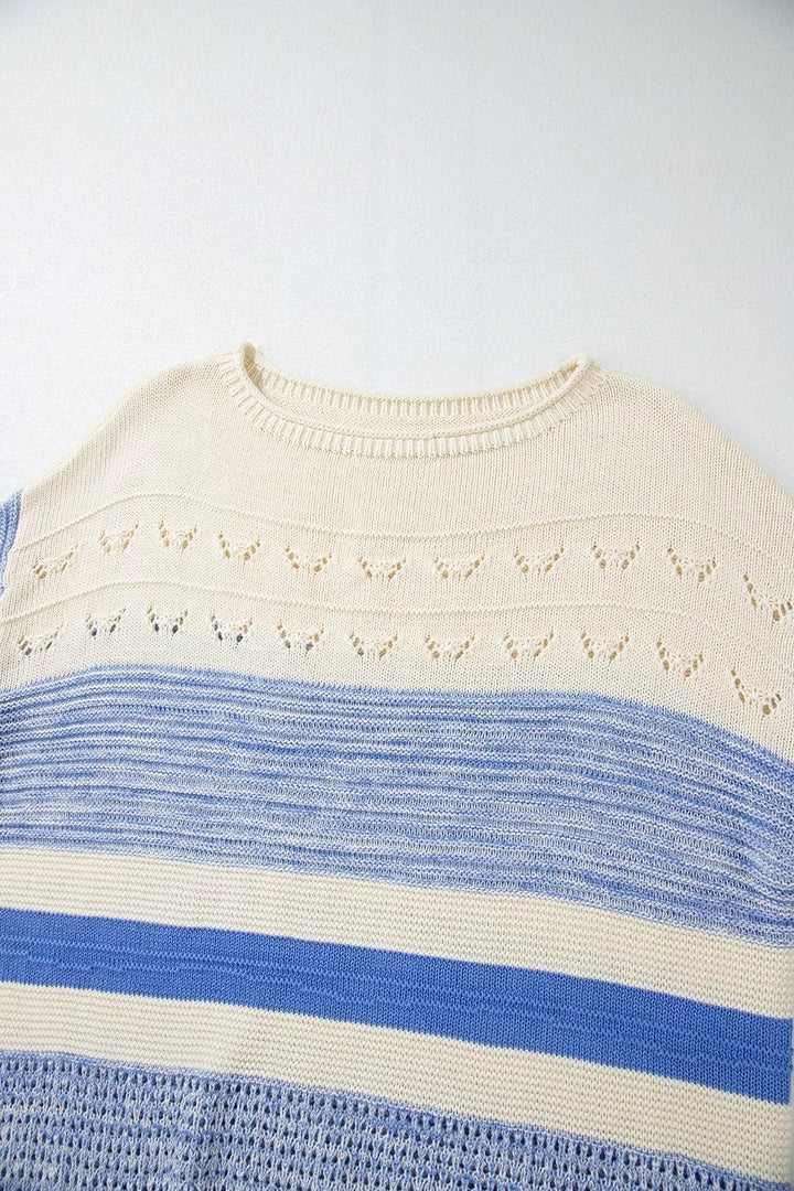 Openwork Striped Knit Long Sleeve Sweater