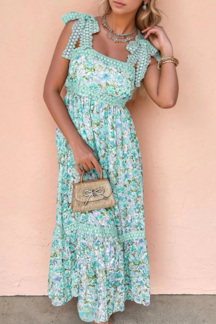 Lace Detail Square Neck Floral Dress