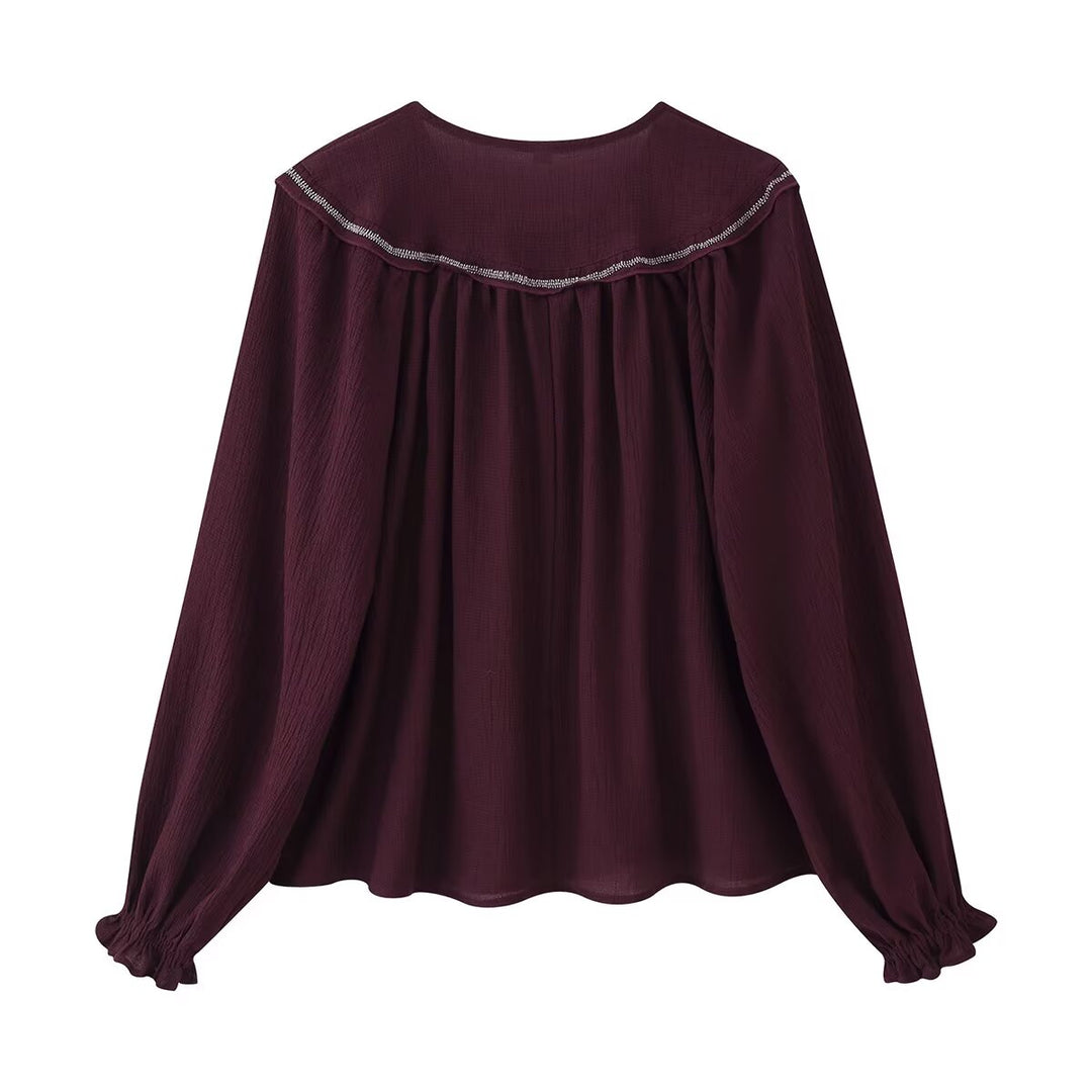 Women Long Sleeve Casual Beaded Embroidered Shirt