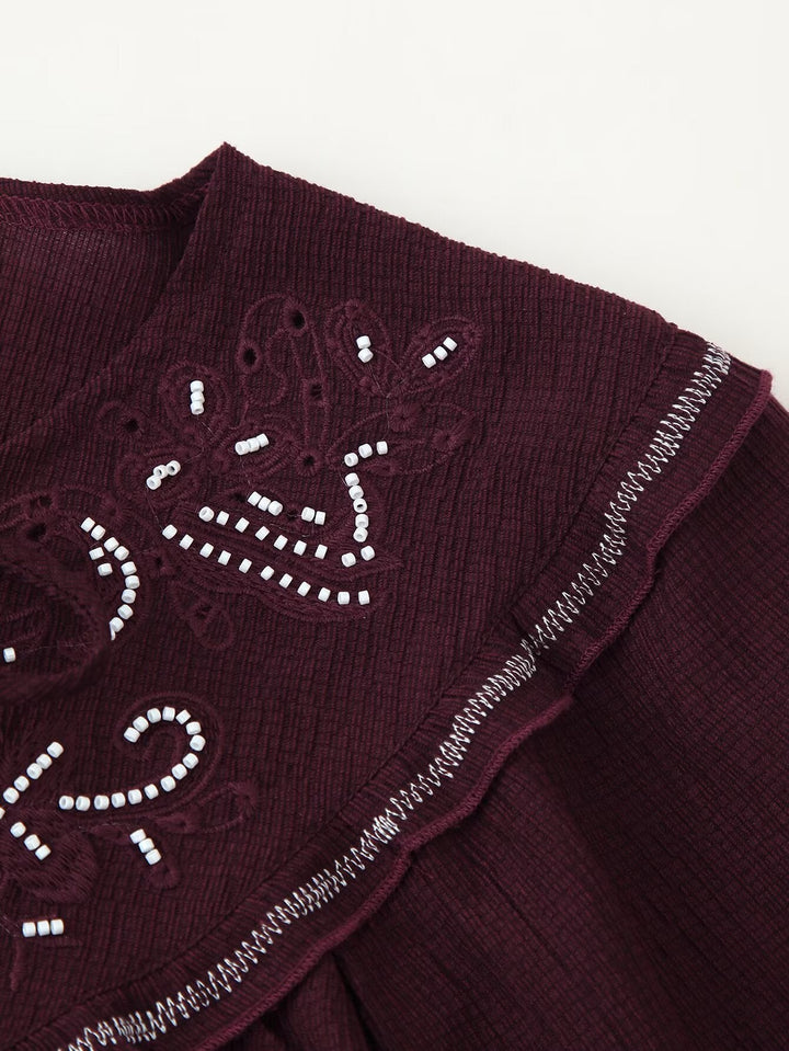 Women Long Sleeve Casual Beaded Embroidered Shirt