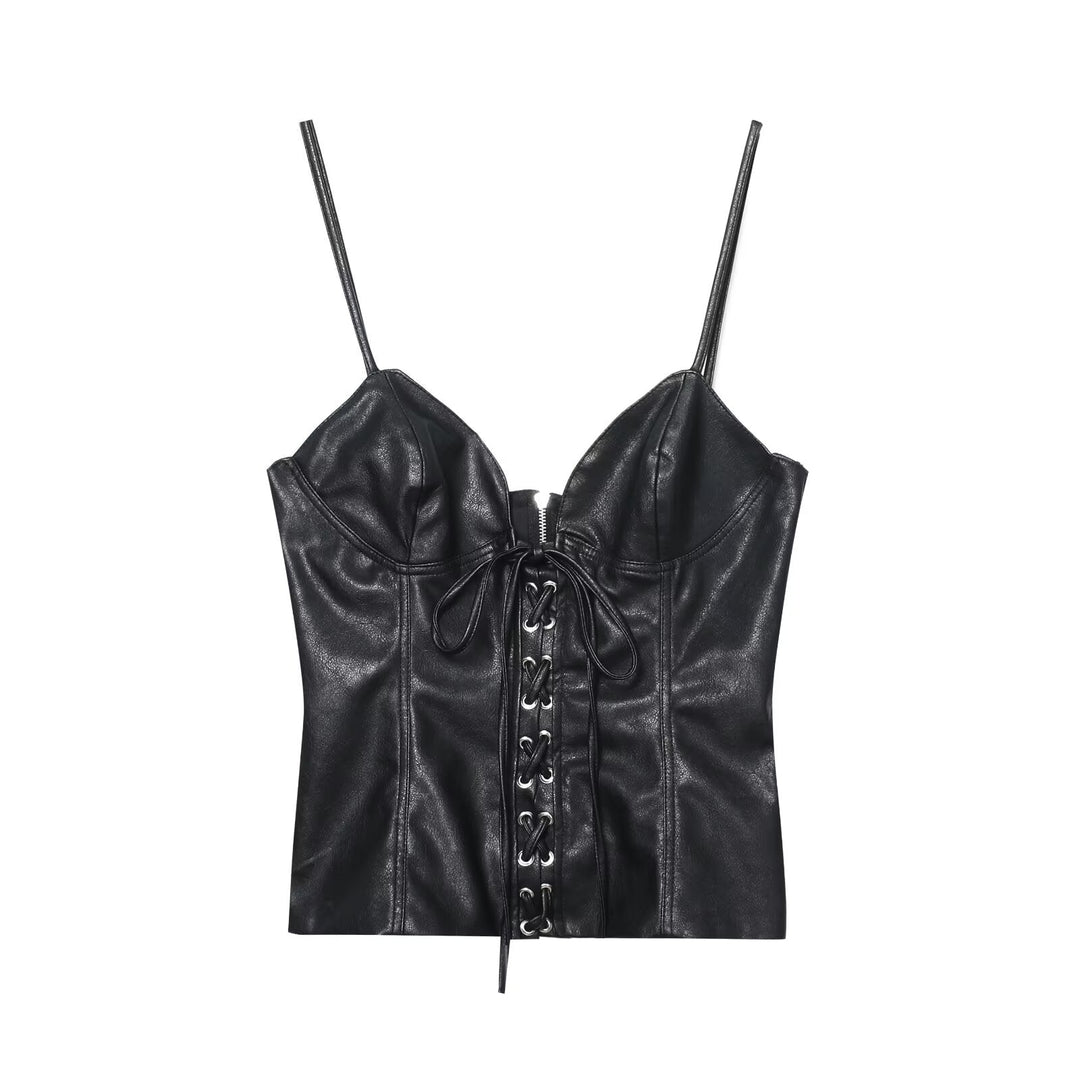 Women Clothing Best Casual Faux Leather Bow Suspenders Top