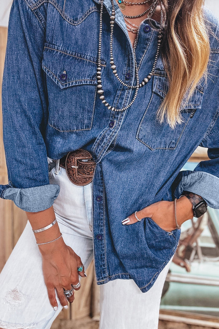 Sail Blue Western Patch Pockets Tunic Length Long Sleeve Denim Shirt