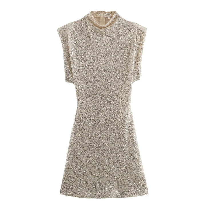 Summer Sweet Fresh Elegant Vacation Padded Shoulder Sequ Dress