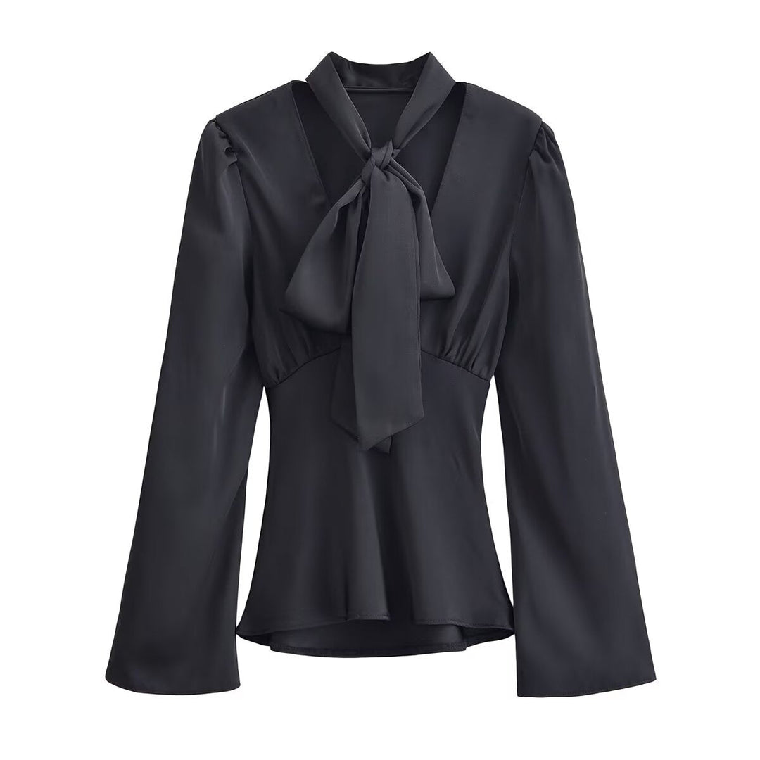 Women Clothing Winter Elegant Silk Satin Texture V neck Scarf Shirt
