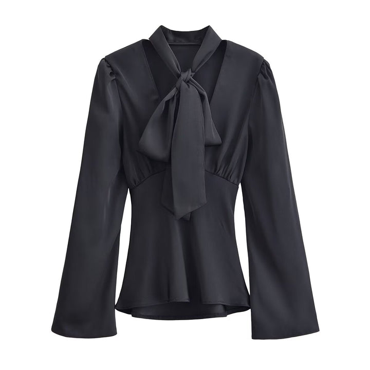 Women Clothing Winter Elegant Silk Satin Texture V neck Scarf Shirt