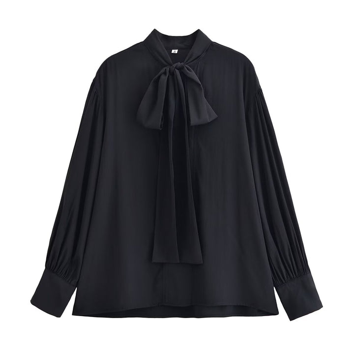 Women Clothing Winter Shirt Loose Bow Decoration Drape Shirt
