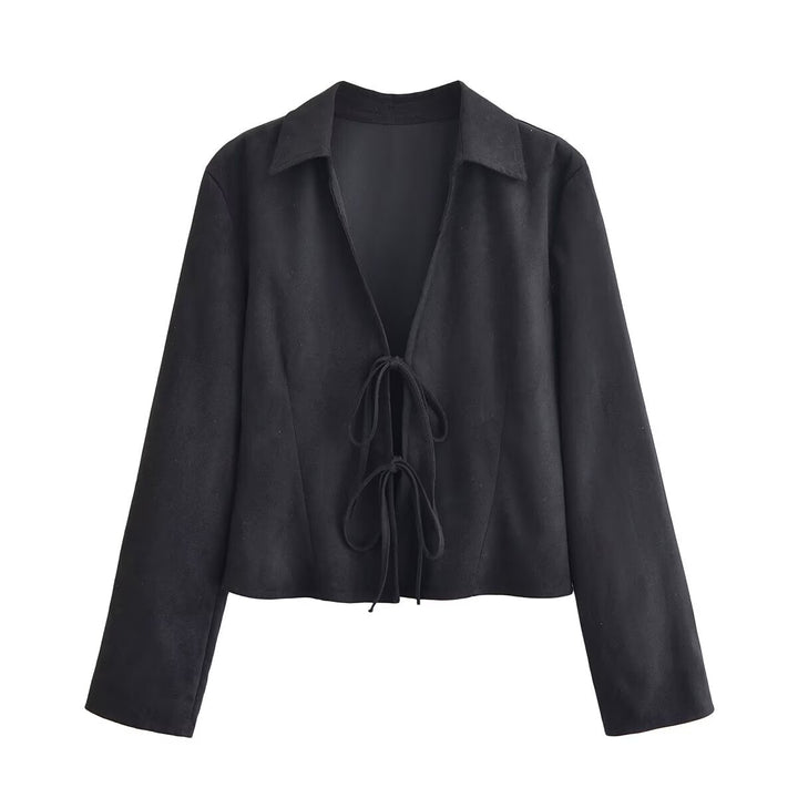 Women Clothing Winter Graceful Fashionable Suede Effect Long Sleeve Lace up Shirt