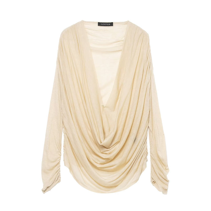Women Clothing Winter Deep V Plunge neck Slimming Pleated Long Sleeved T shirt Top