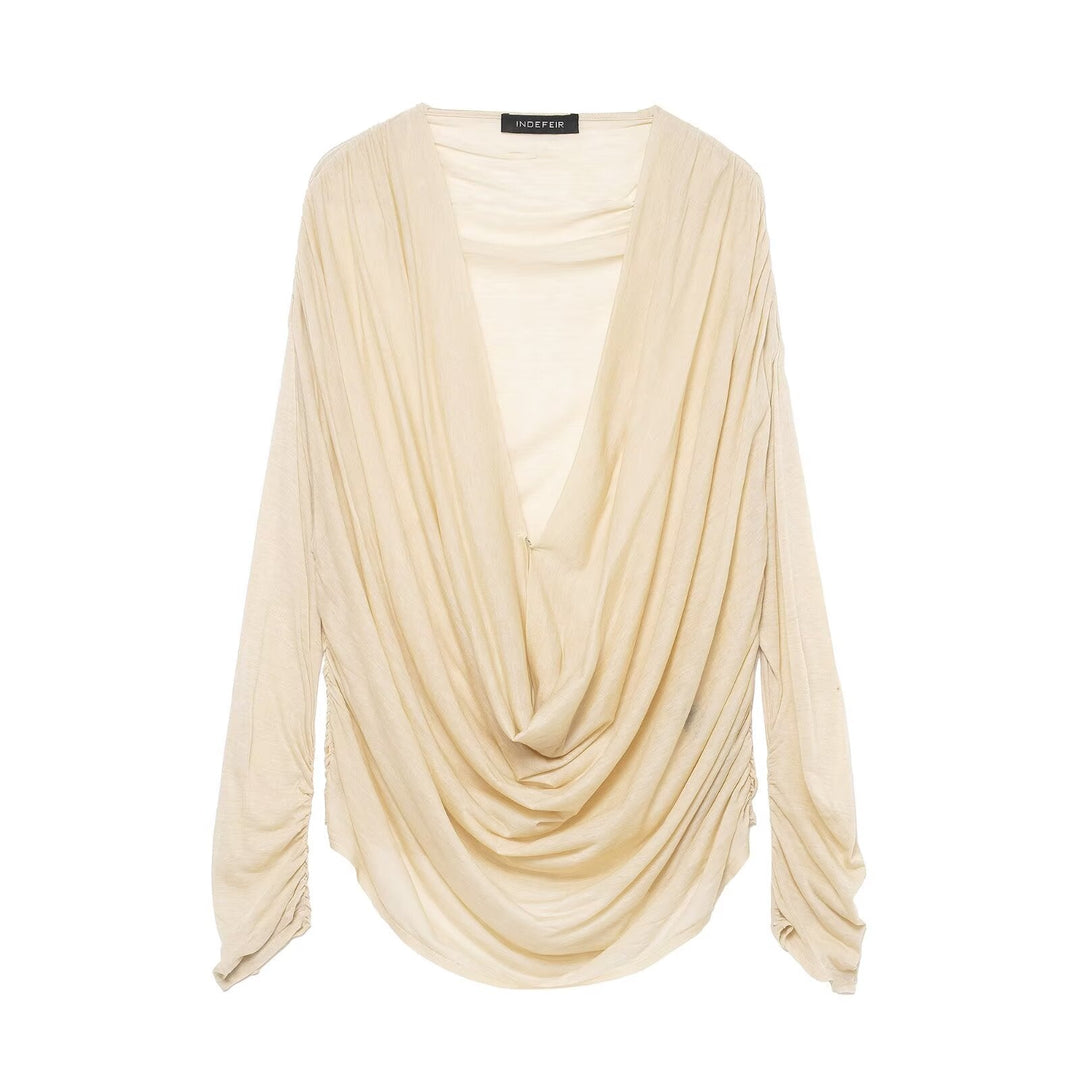 Women Clothing Winter Deep V Plunge neck Slimming Pleated Long Sleeved T shirt Top