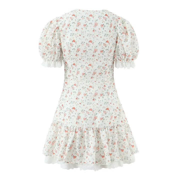 Autumn Gentle Sweet Floral Lace Stitching Printing Dress Tight Waist Puff Sleeve Super Fairy Princess Dress
