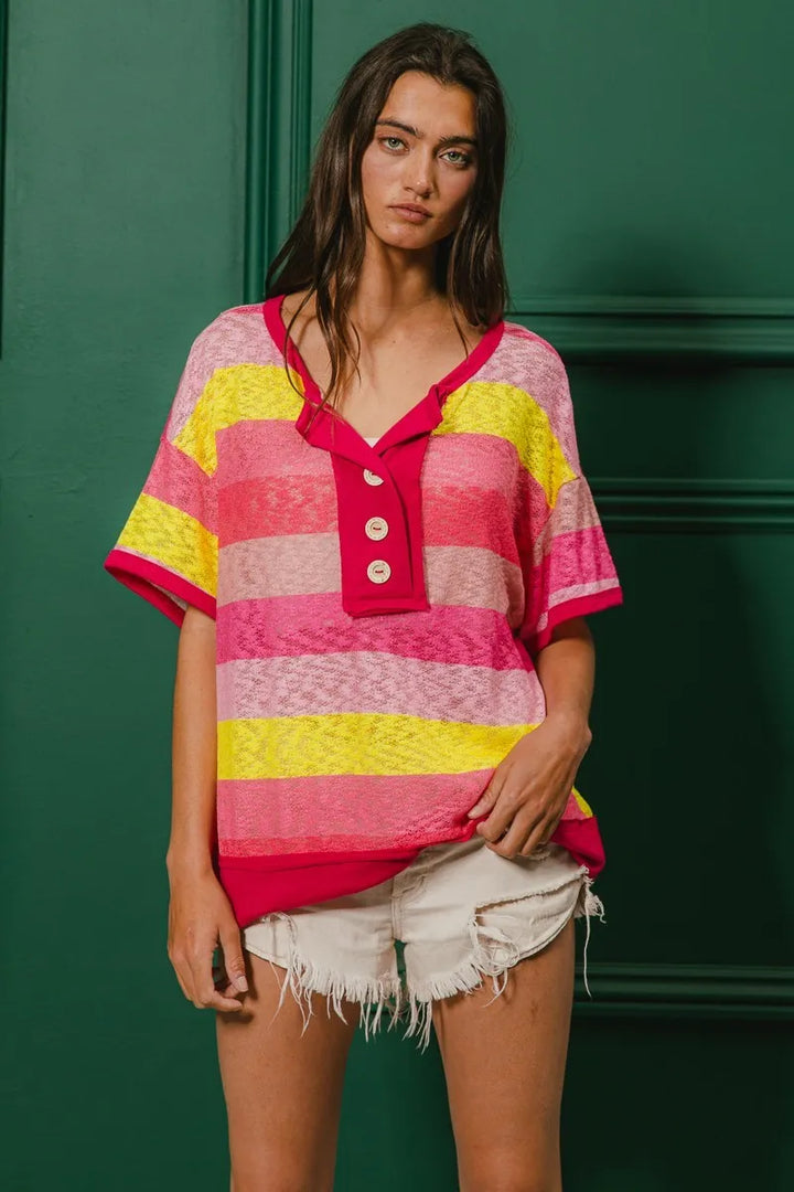 BiBi Multi Color Stripe Hacci Button Detail Ringer Top