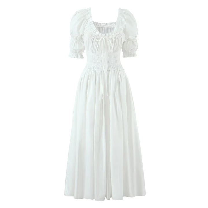 Winter French round Neck Puff Sleeve Chest Lace up Waist Trimming Short Sleeved Stretch Dress Large Swing