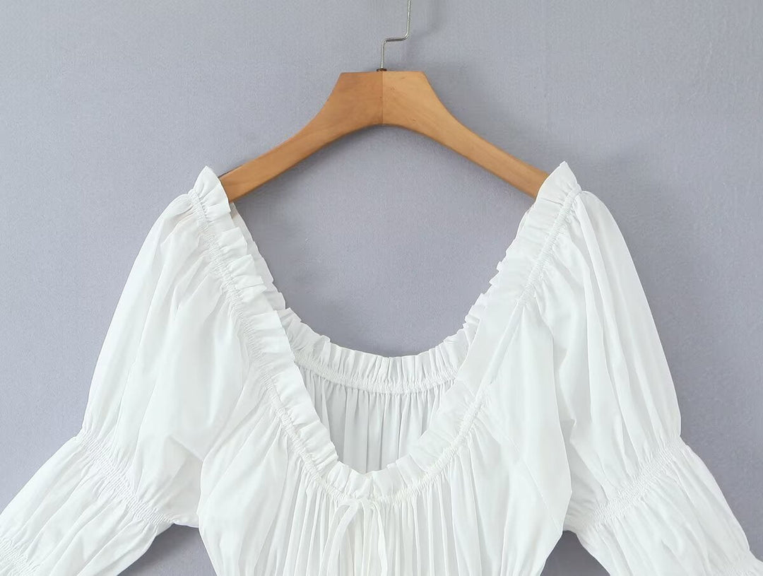 Winter French round Neck Puff Sleeve Chest Lace up Waist Trimming Short Sleeved Stretch Dress Large Swing