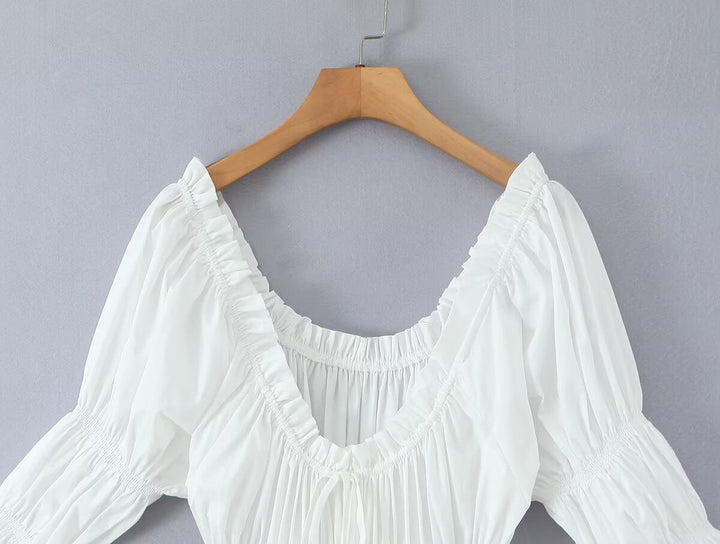 Winter French round Neck Puff Sleeve Chest Lace up Waist Trimming Short Sleeved Stretch Dress Large Swing
